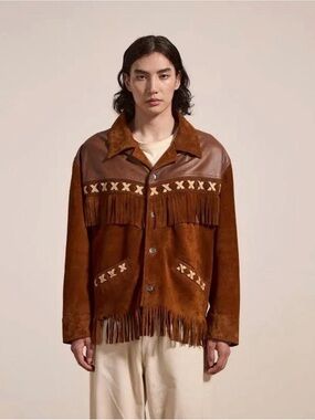 FOUND Brown Suede Fringe Jacket with Western Stitch Detail